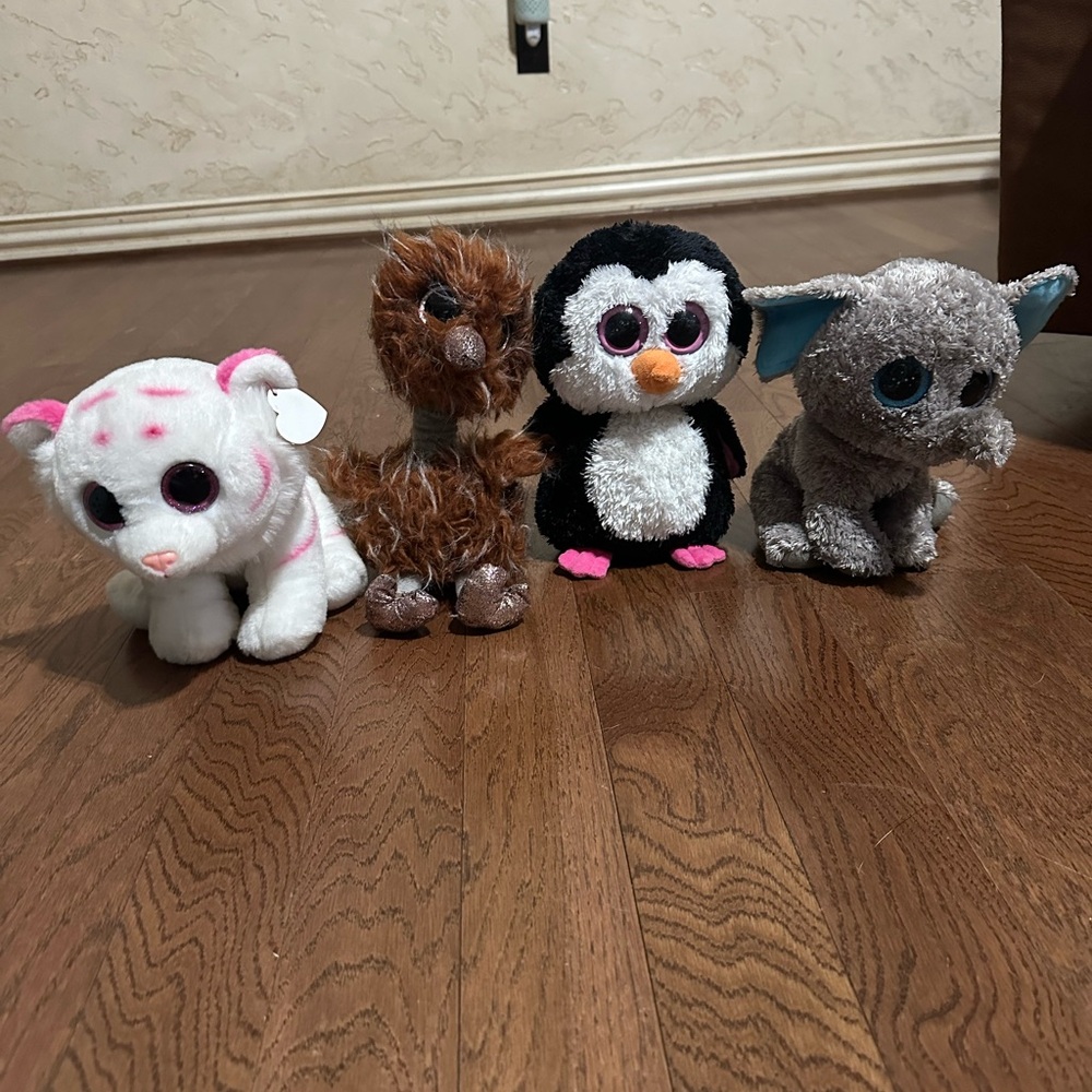 4 Ty Stuffed Animals Penguin Ostrich Tiger Elephant